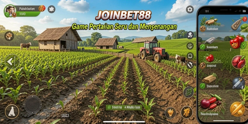 Tampak layar menunjukkan pemain mengelola ladang pertanian yang subur.
